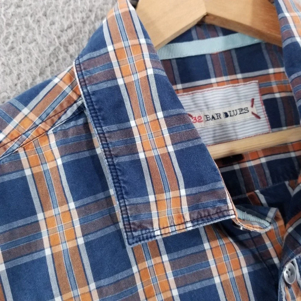 32 Bar Blues Shirt Mens Blue Orange Plaid Long Sleeve Button Down Chest Pockets